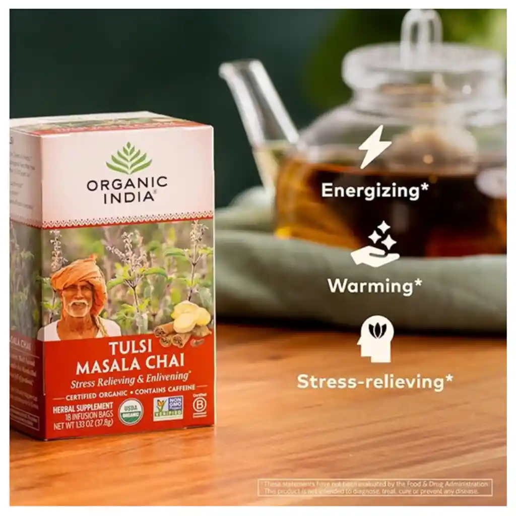 Organic India Tulsi Masala Chai, Alivia El Estrés Y Revitaliza, Apoyo Inmunológico - 18 Bolsitas (37.8 G)