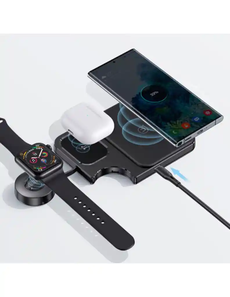 Cargador Inalámbrico 3en1 Para Celular, Earpods Y Smartwatch 15w Negro