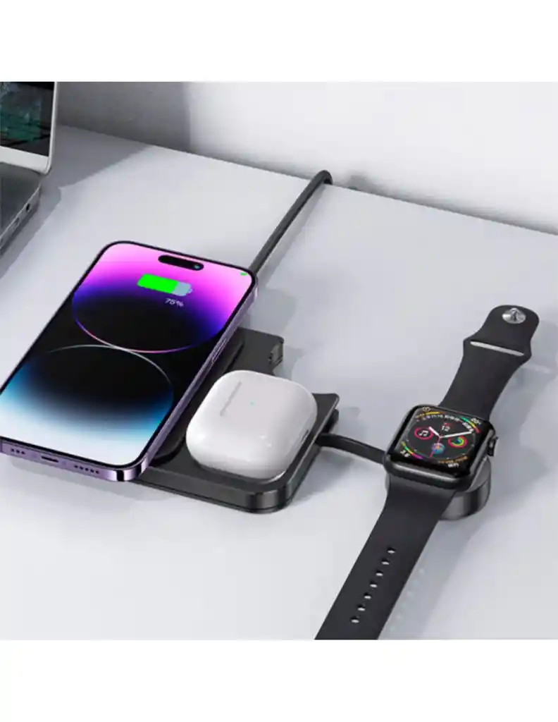 Cargador Inalámbrico 3en1 Para Celular, Earpods Y Smartwatch 15w Negro
