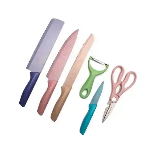 Set Cuchillos 6 Pzs Acero Inoxidable Mármol Mango Ergonómico Color Pastel