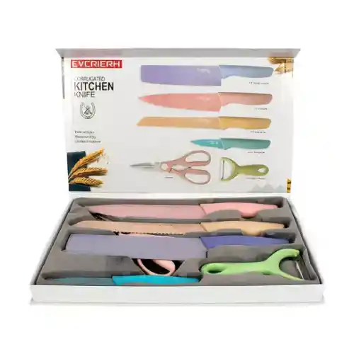 Set Cuchillos 6 Pzs Acero Inoxidable Mármol Mango Ergonómico Color Pastel