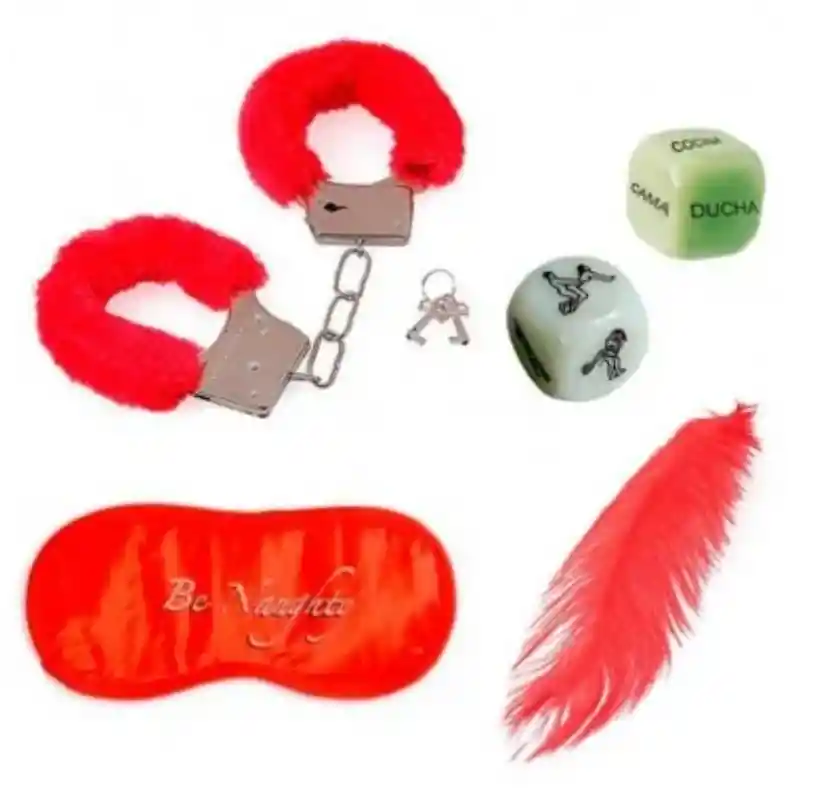 Kit Bondage Rojo Antifaz, Pluma, Esposas Y Dados