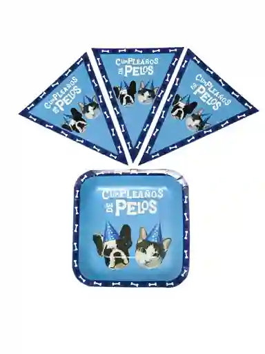 Set De Platos Y Banderines Para Fiesta De Perros(azul)