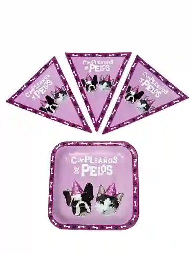 Set De Platos Y Banderines Para Fiesta De Perros(rosa)