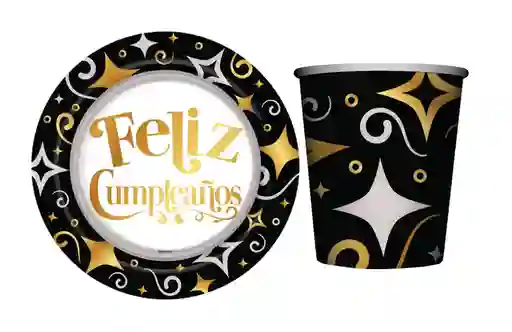 Platos Y Vasos Feliz Cumpleaños Negro Con Dorado