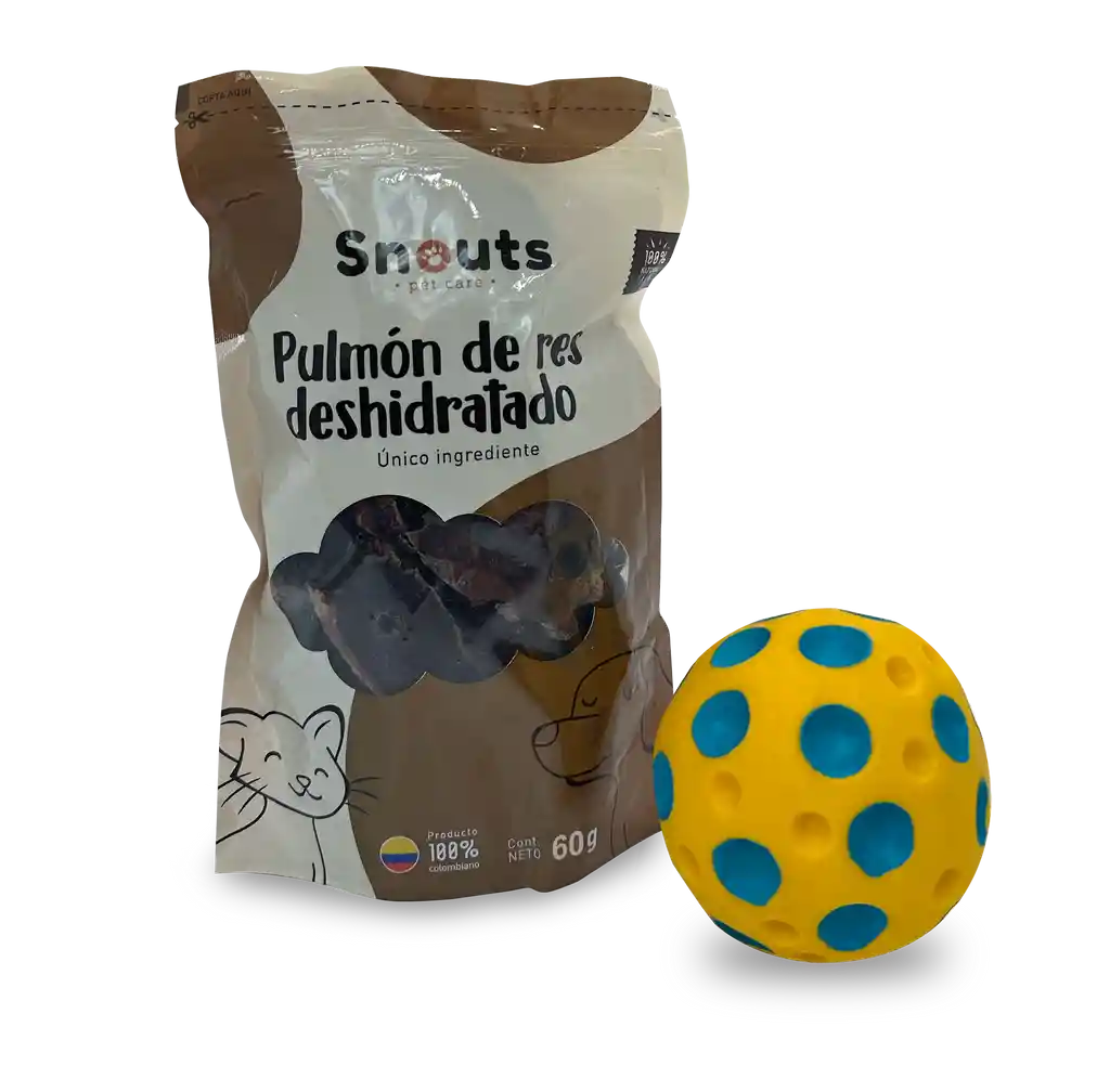 Pulmon De Res Deshidratado Snouts + Pelota Big Dog Amarilla Blanda Con Aroma A Tocineta