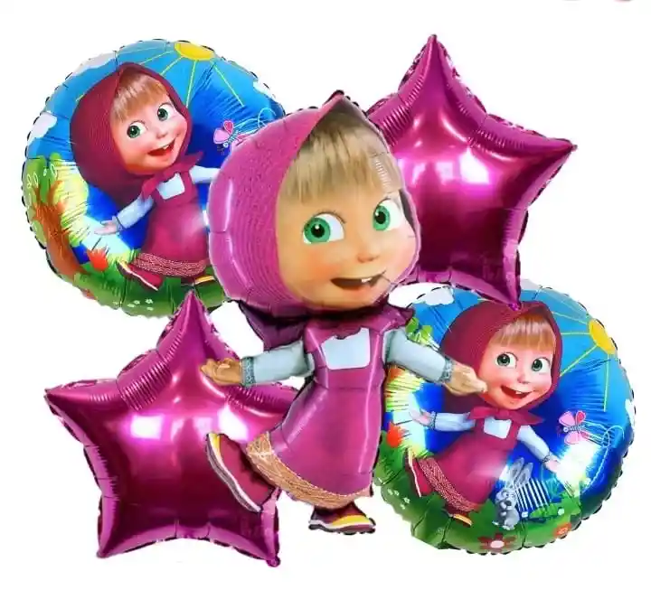 Bouquet X5 Globos Metalizados Masha Y El Oso