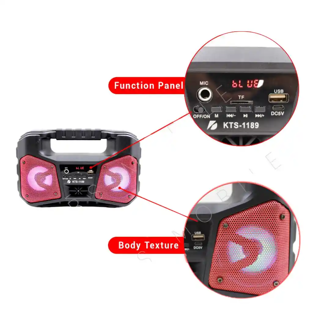 Parlante Recargable Bluetooth Karaoke Control Usb Radio Fm Kts-1189 Color Rojo