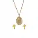 Juego De Collar Y Aretes En Acero Diseño Virgen Con Circones Dorado