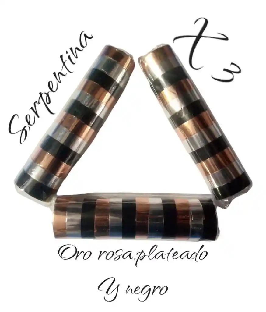 Serpentina Metalizada Negro, Plateado Y Oro Rosa X 3 Unidades