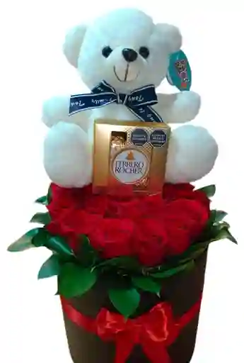 Rosas Rojas, Peluche Y Ferrero En Cilindro