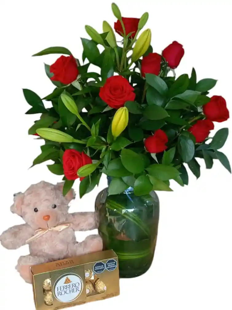 Rosas En Jarron, Con Peluche Y Chocolates Ferrero Rocher