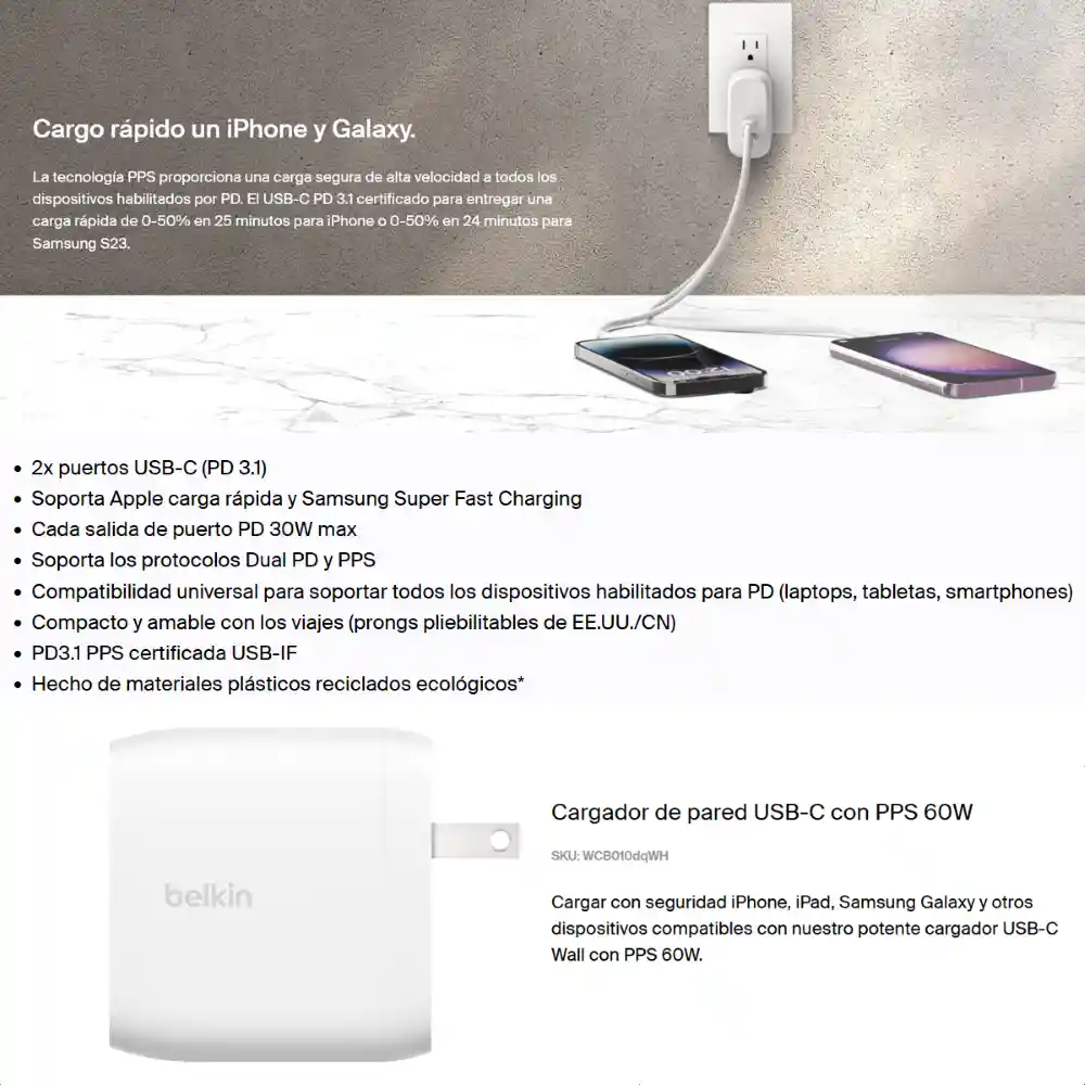 Cargador De Pared Usb-c Dual Pps 60w Belkin Boostcharge Pro