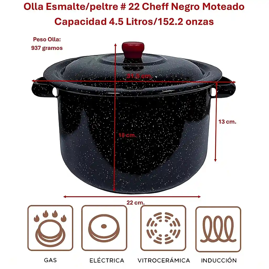 Olla Esmalte/peltre # 22 Cheff Ideal Hervir Agua 4.5 Litros