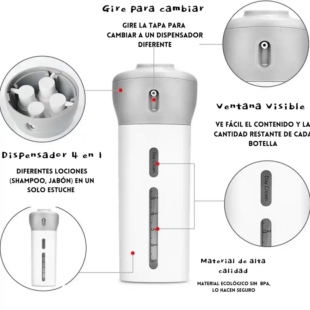 Botella De Viaje Con 4 Dispensadores Color Gris
