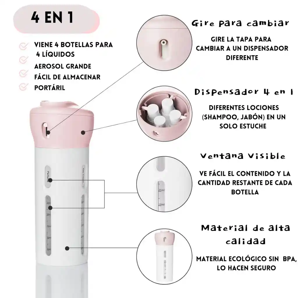 Botella De Viaje Con 4 Dispensadores Color Rosado