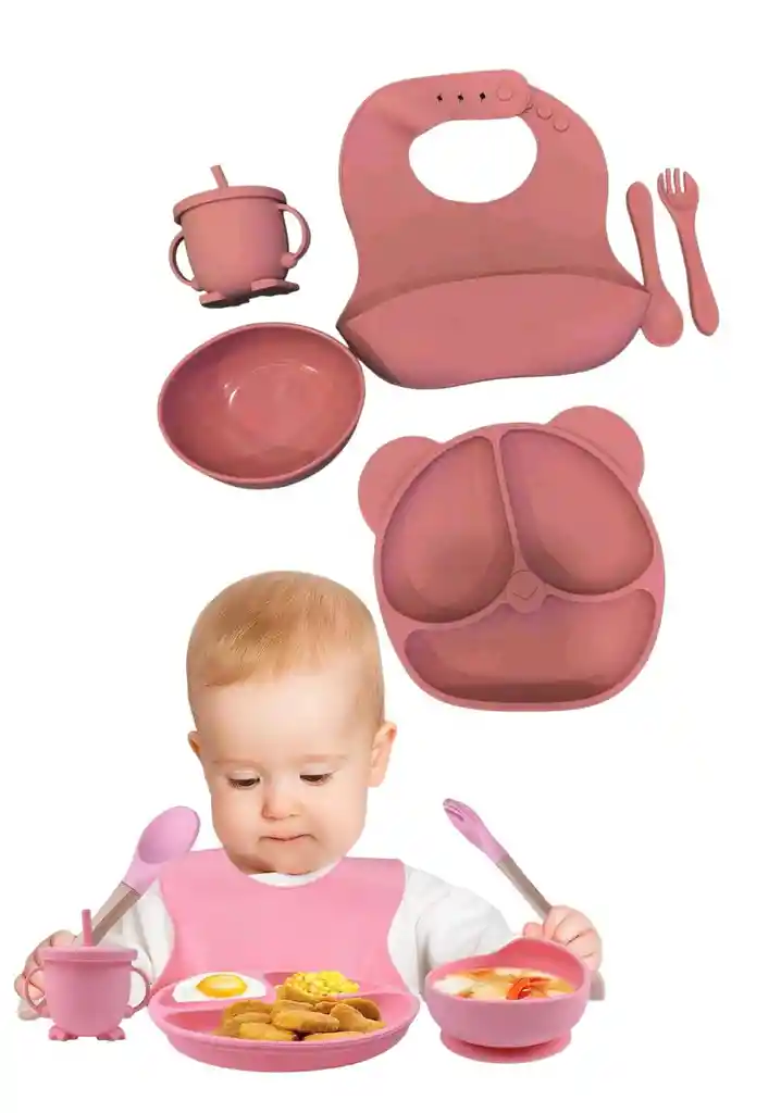 Set De Vajilla Silicona Para Bebés Platos Babero Y Cubiertos