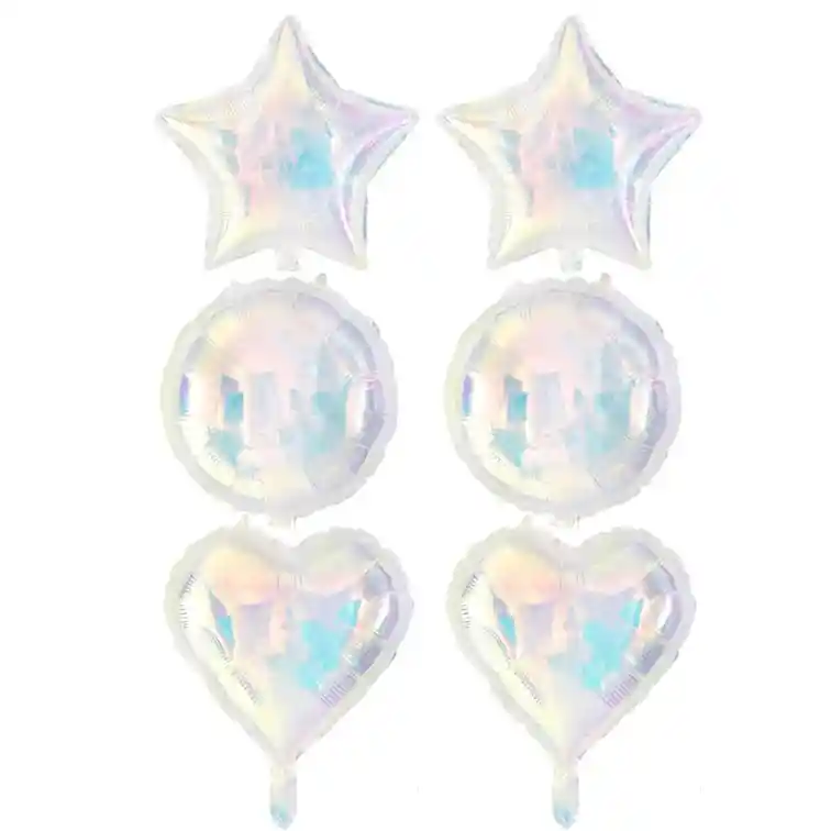 Kit 6 Globos Tornasol Iridisente (2 Estrellas + 2 Circulares + Corazones )