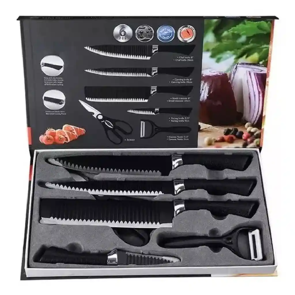 Juego Kit Set Cuchillos Todo En Uno 6 Piezas Profesionales Color Negro