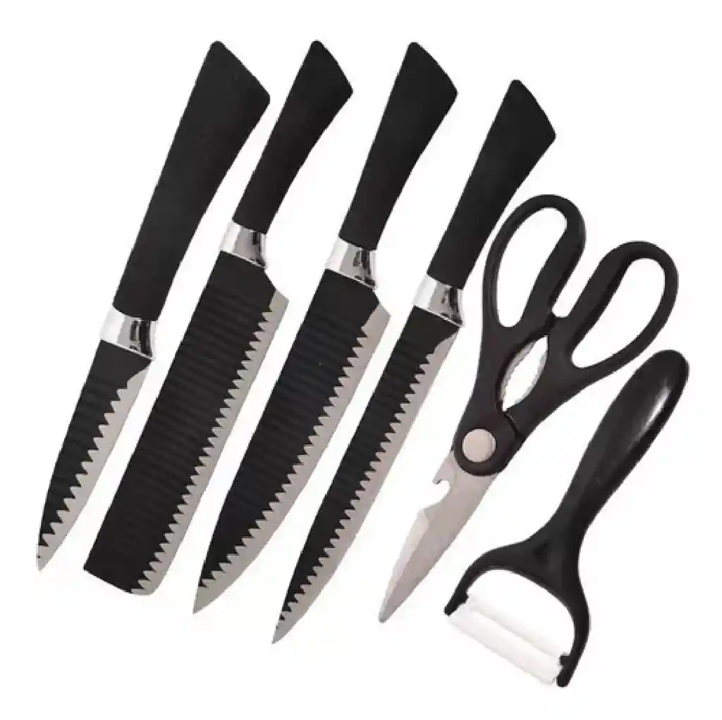 Juego Kit Set Cuchillos Todo En Uno 6 Piezas Profesionales Color Negro