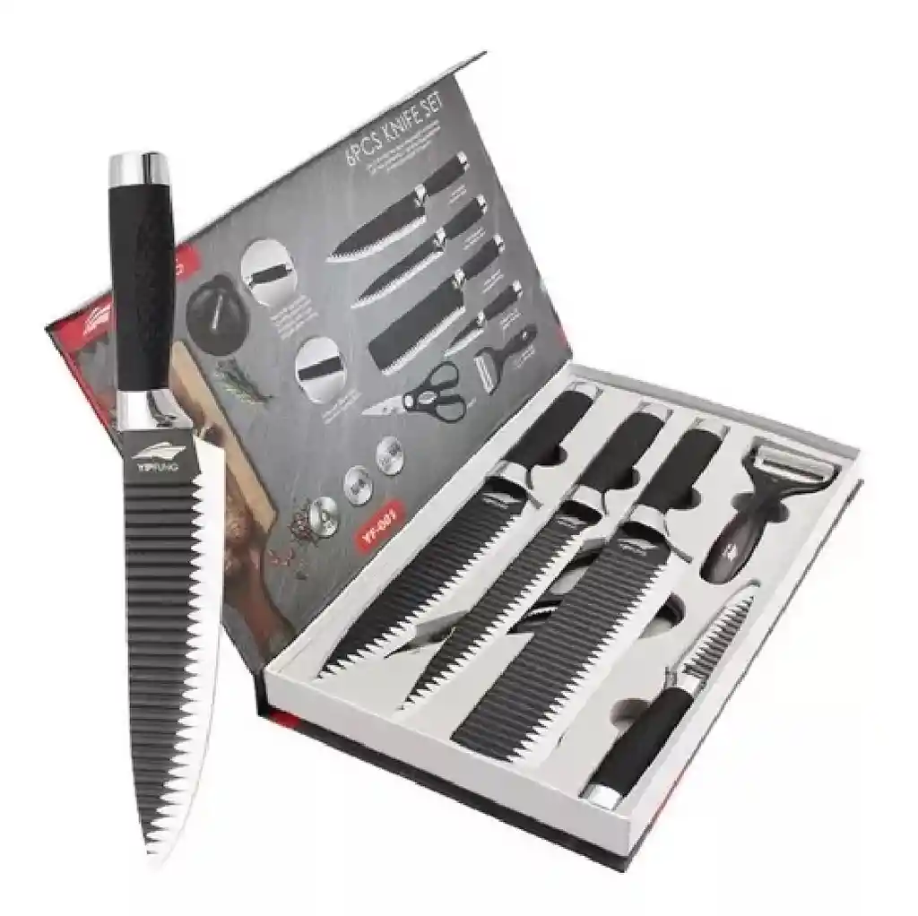 Juego Kit Set Cuchillos Todo En Uno 6 Piezas Profesionales Color Negro