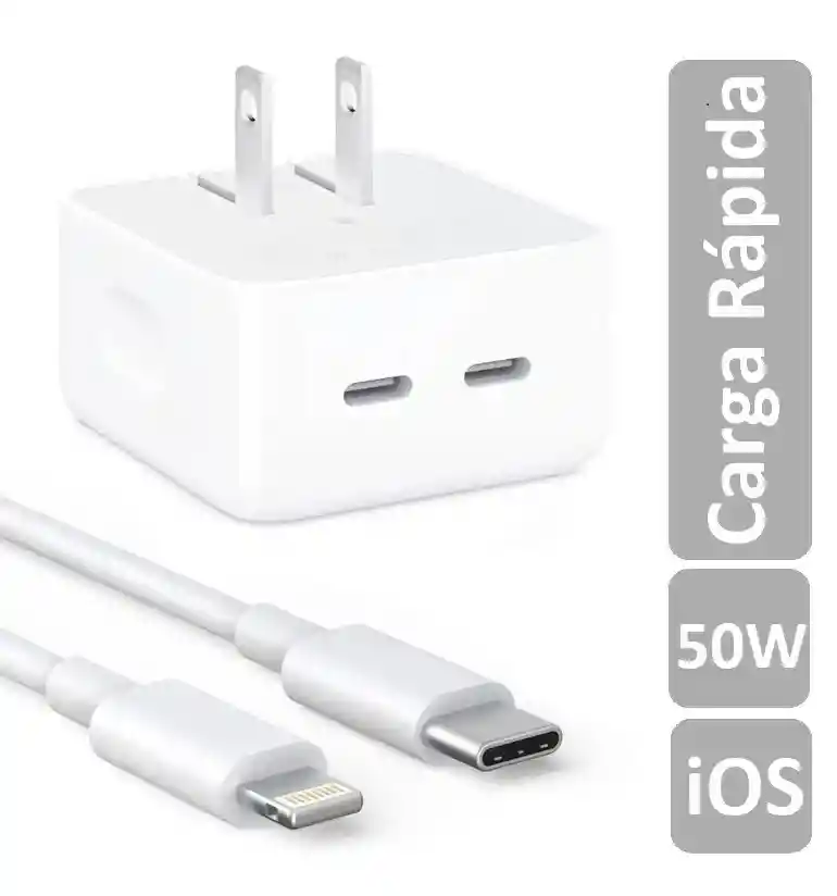 Cargador Iphone 50w + Cable Carga Rápida Doble Puerto Generico Tipo C A Lightning