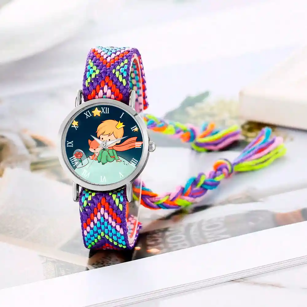 Reloj Principito Zorrito Plateado Tejido Artesanal + Estuche