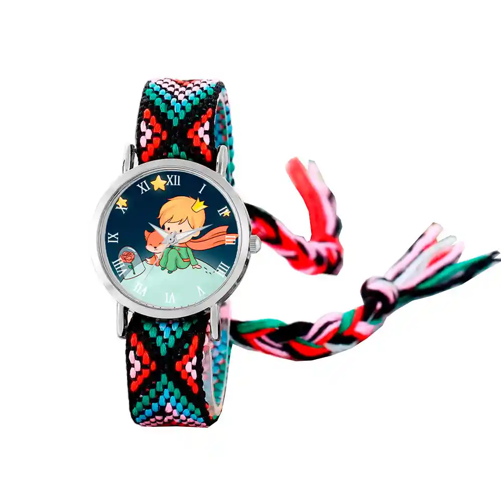 Reloj Principito Zorrito Plateado Tejido Artesanal + Estuche