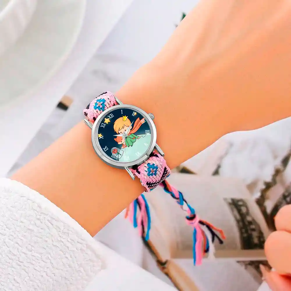 Reloj Principito Zorrito Plateado Tejido Artesanal + Estuche