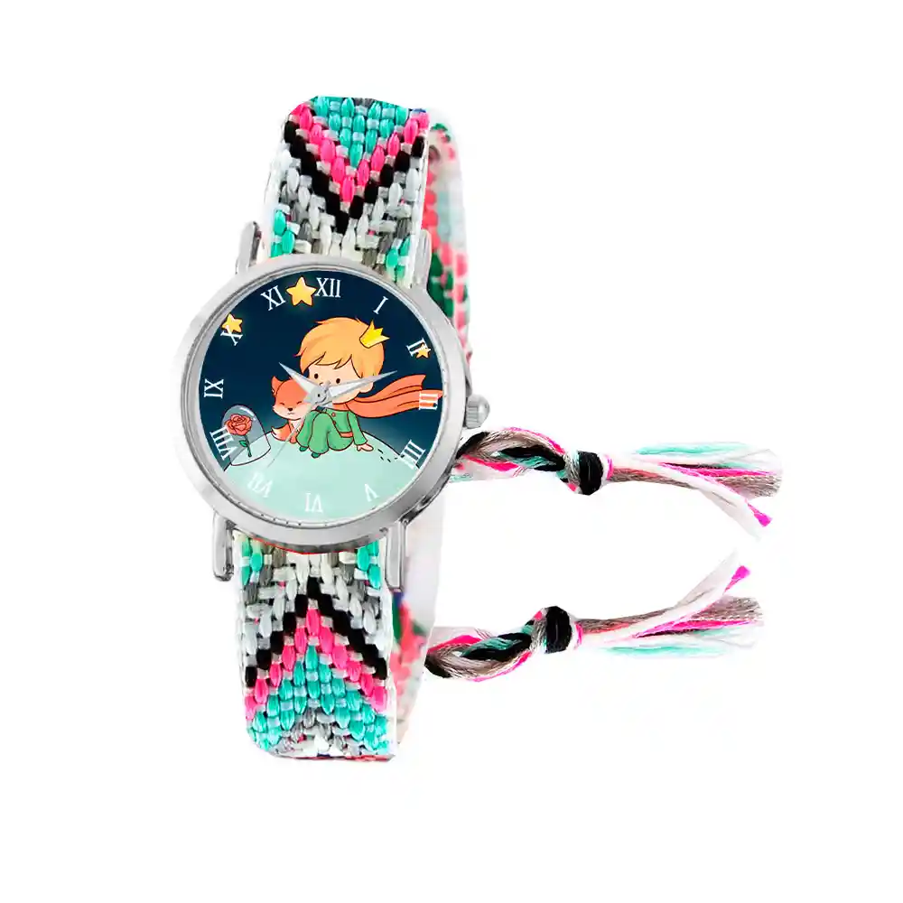 Reloj Principito Zorrito Plateado Tejido Artesanal + Estuche