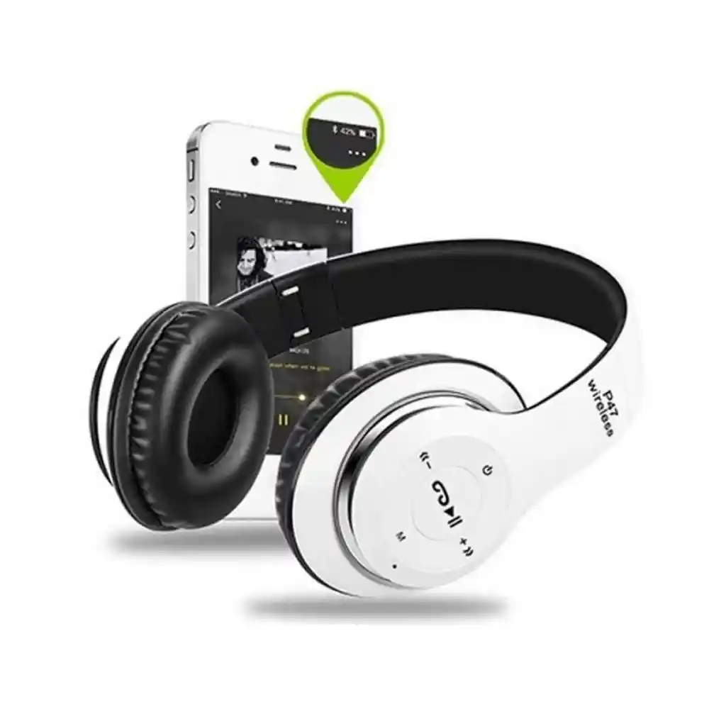 Audífonos Diadema Bluetooth Con Microsd Fm Manos Libres P47 Color Blanco Con Negro