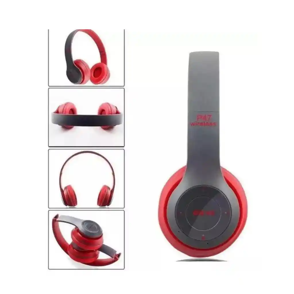 Audífonos Diadema Bluetooth Con Microsd Fm Manos Libres P47 Color Gris Con Rojo