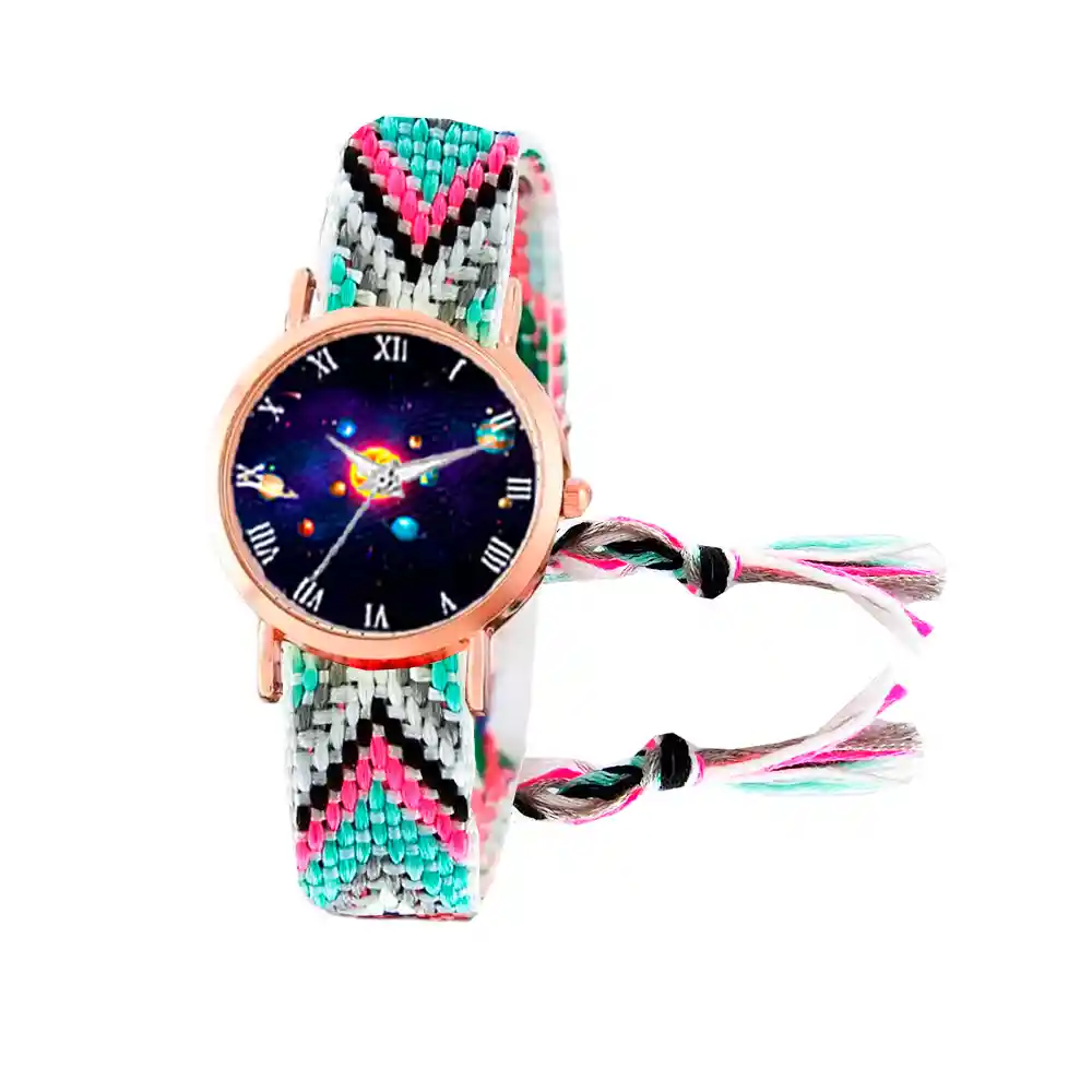 Reloj Sistema Solar Dorado Tejido Artesanal Mujer + Estuche