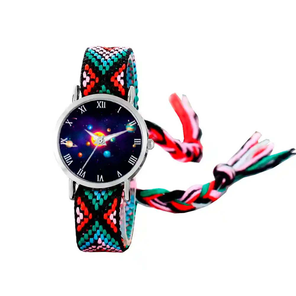 Reloj Sistema Solar Plateado Tejido Artesanal + Estuche