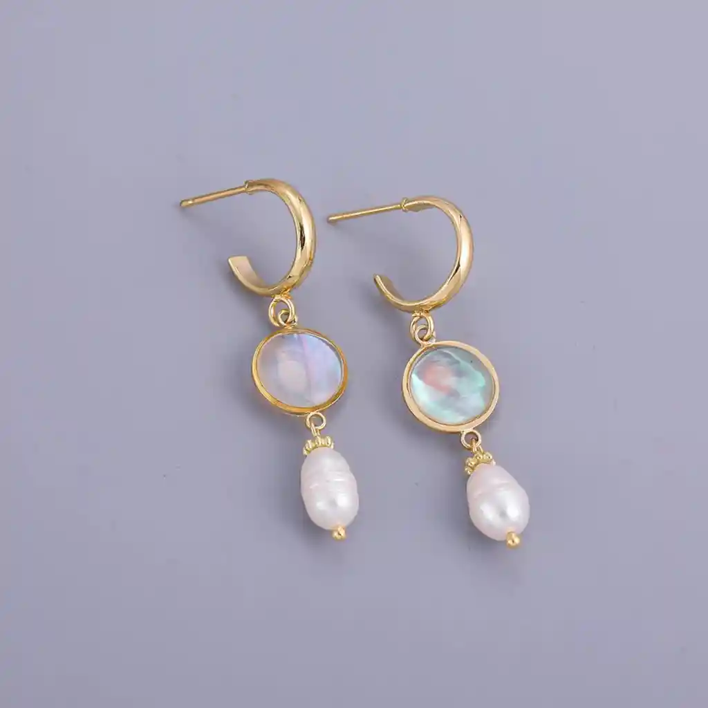 Aretes Topos Pendientes Con Baño En Oro Con Piedra Transparente Y Perla