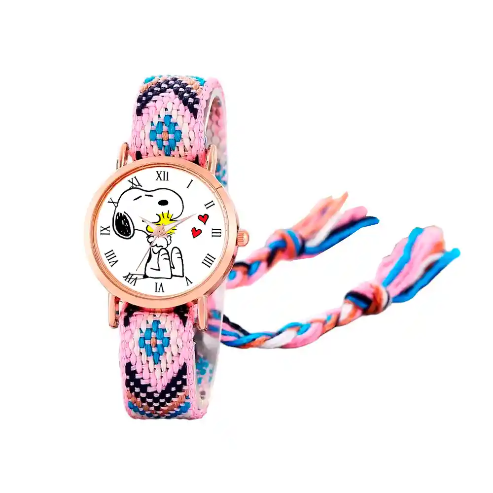 Reloj Snoopy Dorado Tejido Artesanal Mujer + Estuche