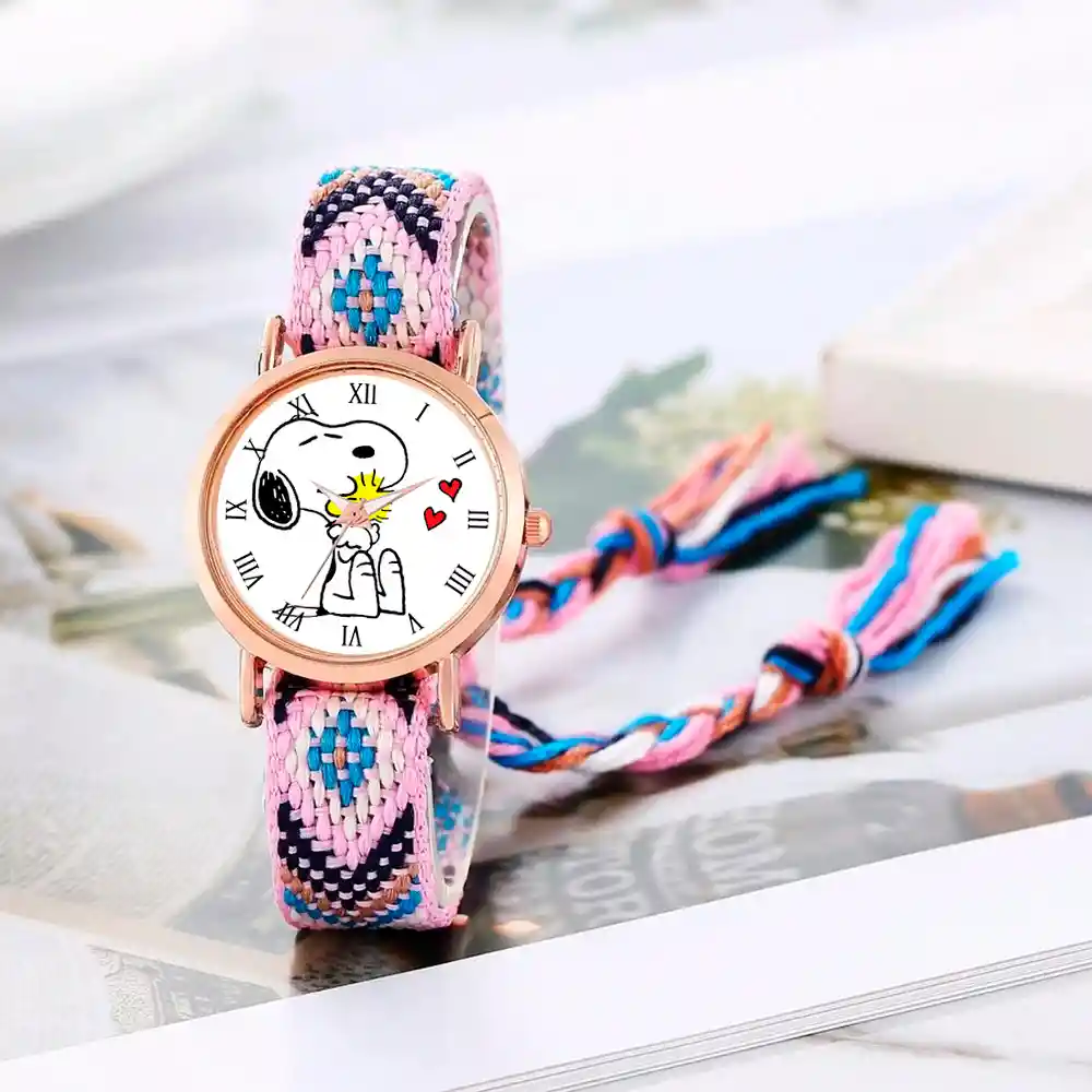 Reloj Snoopy Dorado Tejido Artesanal Mujer + Estuche