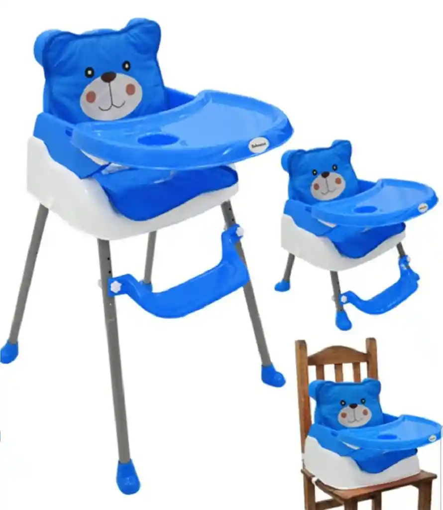 Silla Comedor Bebe 5 En 1 Doble Altura Acolchadito Portatil Oso Azul