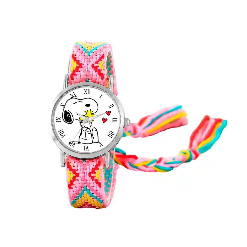 Reloj Snoopy Perro Plateado Tejido Artesanal + Estuche