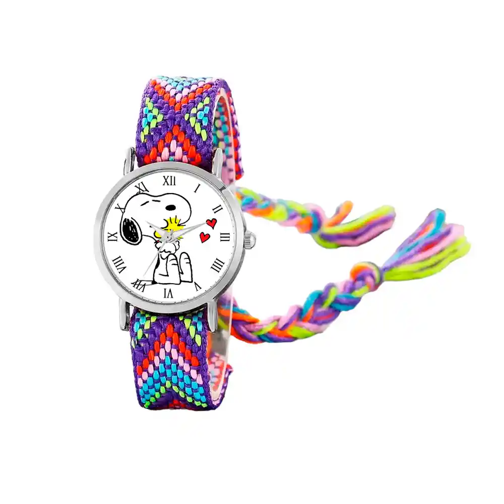 Reloj Snoopy Perro Plateado Tejido Artesanal + Estuche