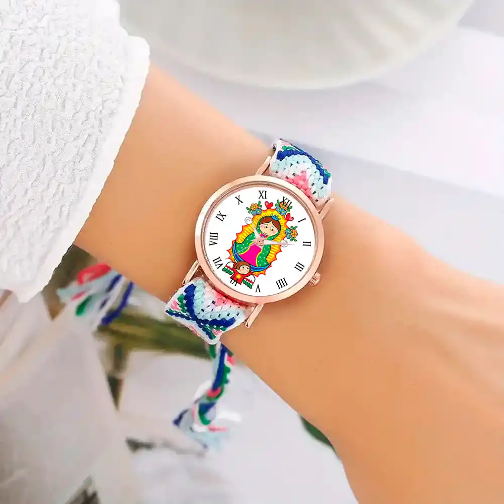 Reloj Virgen Guadalupe Dorado Tejido Artesanal + Estuche