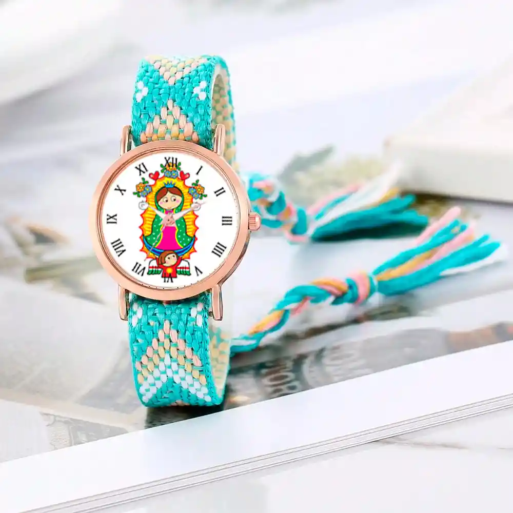 Reloj Virgen Guadalupe Dorado Tejido Artesanal + Estuche