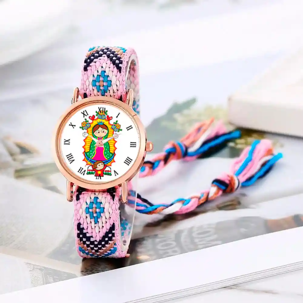 Reloj Virgen Guadalupe Dorado Tejido Artesanal + Estuche