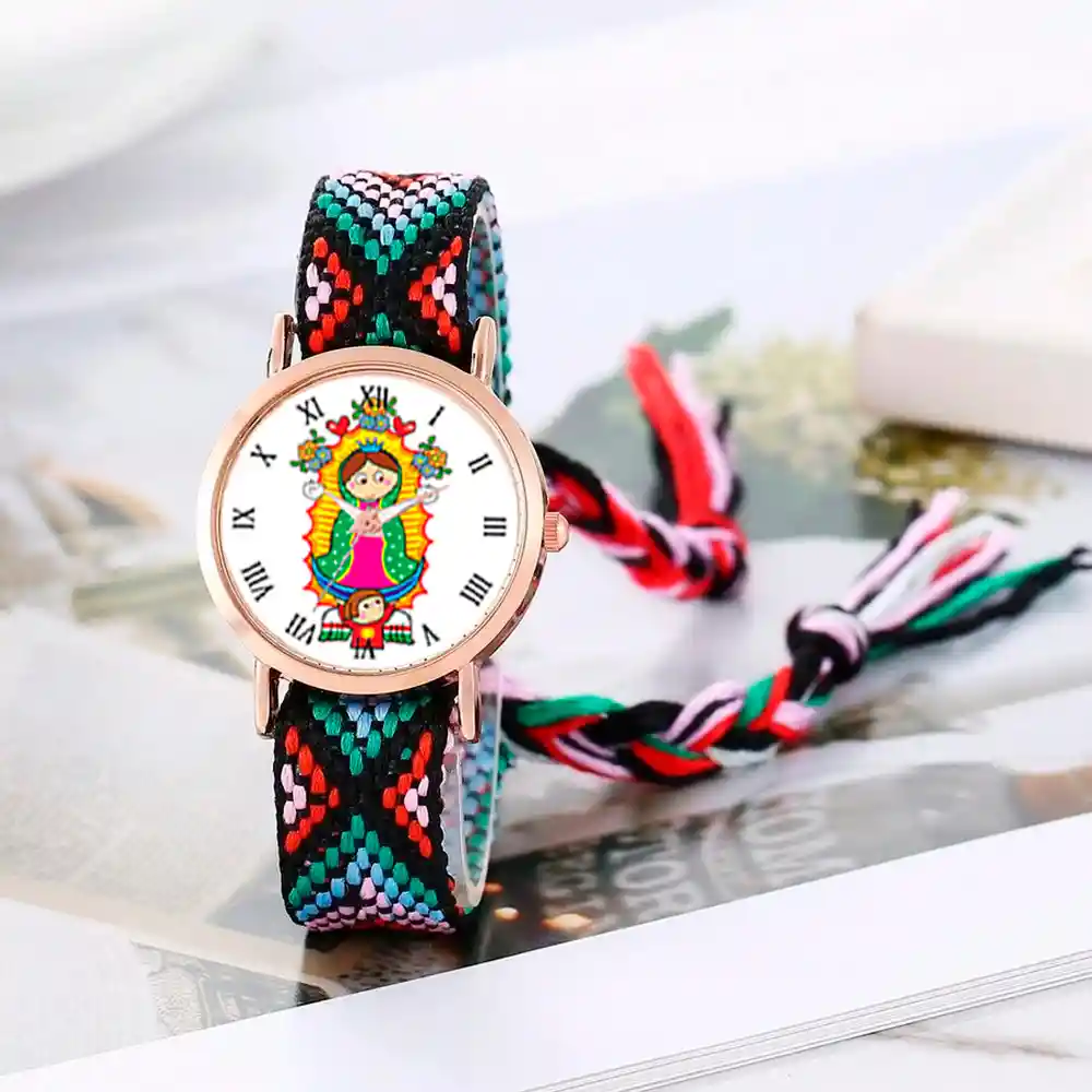 Reloj Virgen Guadalupe Dorado Tejido Artesanal + Estuche