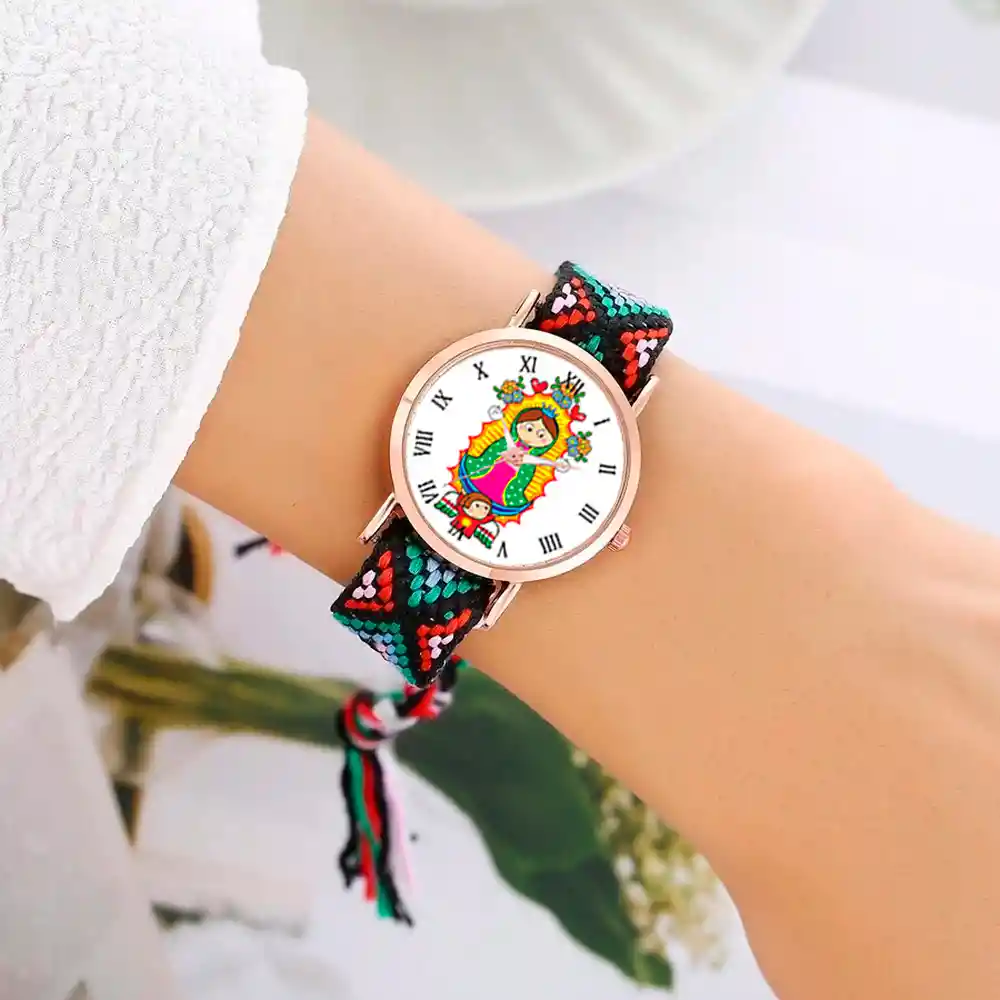 Reloj Virgen Guadalupe Dorado Tejido Artesanal + Estuche