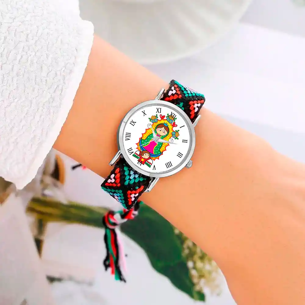 Reloj Virgen Guadalupe Plateado Tejido Artesanal + Estuche