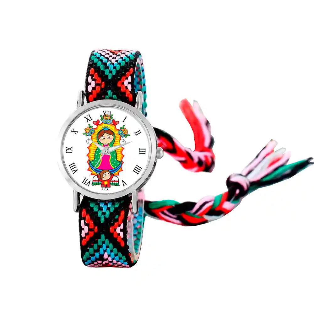 Reloj Virgen Guadalupe Plateado Tejido Artesanal + Estuche