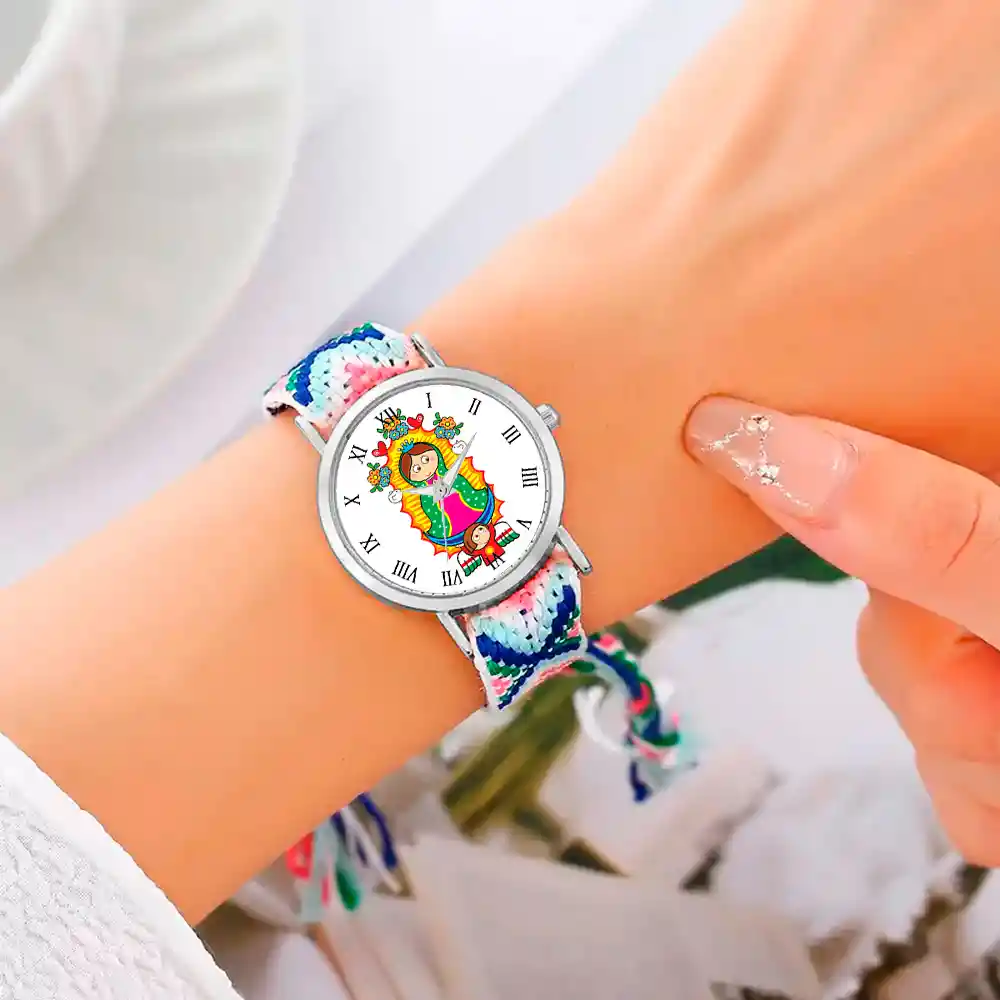 Reloj Virgen Guadalupe Plateado Tejido Artesanal + Estuche