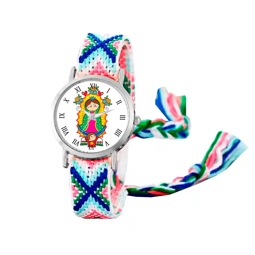 Reloj Virgen Guadalupe Plateado Tejido Artesanal + Estuche