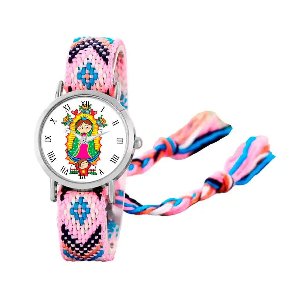 Reloj Virgen Guadalupe Plateado Tejido Artesanal + Estuche